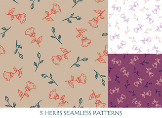 Flowers seamless patterns set for packaging design templates and textile. Hand drawn vector illustration.
