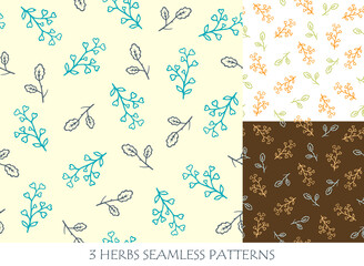 Flowers and herbs seamless patterns set for packaging design templates and textile. Hand drawn vector illustration.
