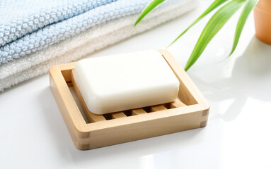 White Soap bar on wooden soap dish and cotton towels on a white table - obrazy, fototapety, plakaty