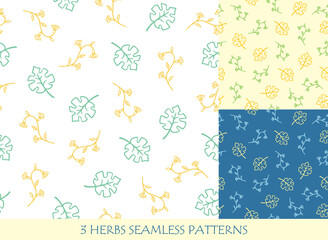 Seamless patterns set with herbs and leaves for textile. Hand drawn vector illustration.