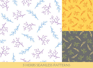 Herb and branch seamless patterns set for packaging design templates and textile. Hand drawn vector illustration.