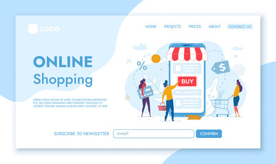 Landing Page template of Online Shopping.Tiny Male and Female Characters shop through the big phone. Concept of web page design for website. Cartoon Flat Character Vector Illustration.