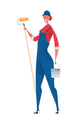 Painter woman holding paint roller and bucket. Cartoon vector illustration with people and their professions.