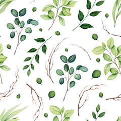 Seamless Pattern of Watercolor Leaves and Branches