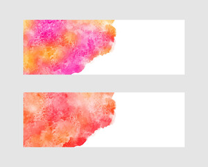 Autumn watercolor banners set. Orange, red, pink colorful watercolour stains, uneven deckled rounded edge. Background, text frame, border template. Painted hand drawn texture, graphic design element.