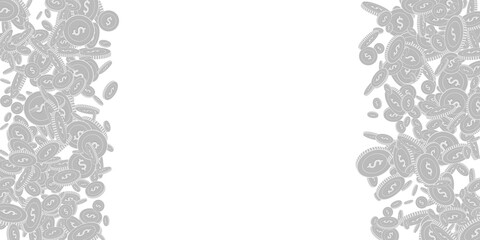 American dollar coins falling. Scattered black and