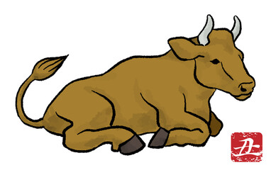 寝そべる茶色の牛 - 丑年　年賀状素材