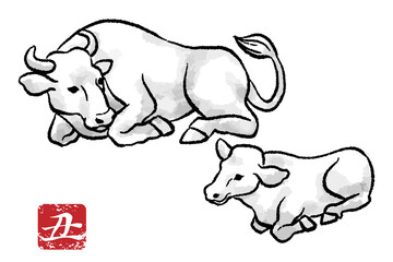 寝そべる牛の親子　モノクロ - 丑年　年賀状素材