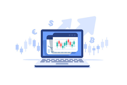 Stocks market graph chart on laptop screen. Technical analysis candlestick chart. Global stock exchanges index. Forex trading concept. Trading strategy. Vector illustration in flat style.