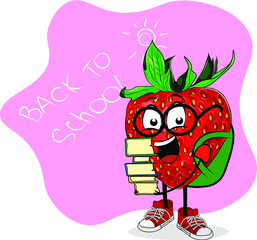 Back to school fruit strawberry character with many books in hands. Funny pupil