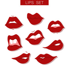 Collection of red lips. Vector illustration of a womans sexy lips expressing different emotions such as smile, kiss, half-open mouth, lip biting, lip licking, tongue out. Isolated on white. Pop art 
