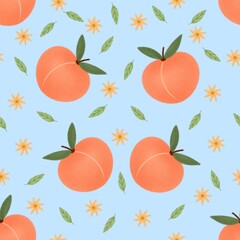 Plump Peaches with Daisies and Leaves on Pastel Blue Seamless Pattern Design