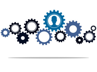 The cog wheel with a user icon symbolizes the concept of human control processes. Vector