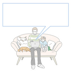 ソファーでパソコンを覗く父子　吹き出し
