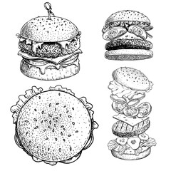 Delicious burgers set. Hand drawn sketch style drawings of different burgers. With bamboo stick, top and perspective view, burger constructor. Fast food retro vector illustrations collection. 