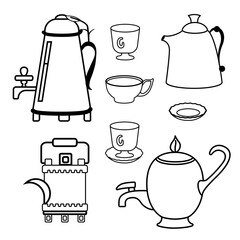 Vector set. Kettles of samovars. Graphic design. Vector illustration.