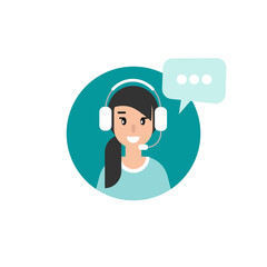 Female operator with headphones, microphone and speech bubbles in blue circle.