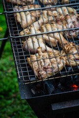 Chicken meat grilling on the brazier. Selective focus. 
