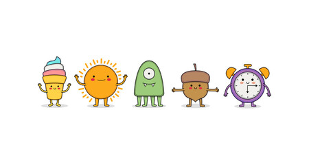 Cute random cartoon character set 10 ice cream, sun, monster, acorn and clock