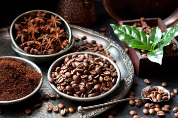 Coffee beans and ground powder on dark  background