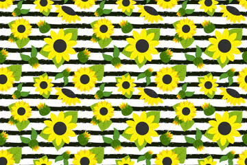 Trendy striped sunflower vector seamless pattern. Bright yellow flowers on black and white backdrop. Juicy summer illustration for fabric, textile, cover, wallpaper, calendar. EPS 10