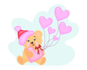 Cute teddy bear in a winter hat with air balloons and hearts.
Vector isolated.