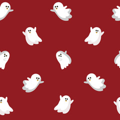 Seamless dark red background with funny ghosts. Printing on paper, fabric, postcards, packaging. Registration of advertising, banners, mailing lists for the day of Halloween. Vector graphics.