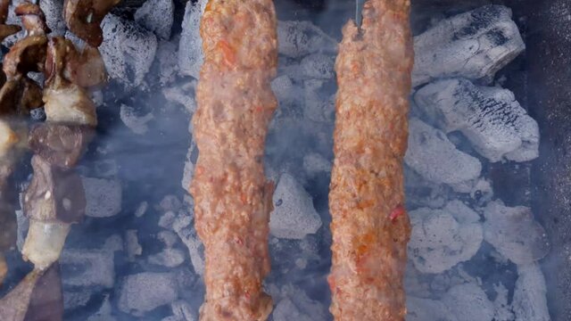 Homemade Turkish Sish Kebabs Cooking on the Barbaque