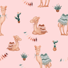 Seamless childish pattern with hand drawn cute camels and cactus. Creative ethnic kids texture for fabric, scrapbooking, wrapping, textile, wallpaper, apparel.