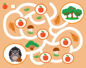 Maze game for children. Help the hedgehog pick apples in a basket. Developing kids attentiveness and spatial  thinking skills. Printable worksheet