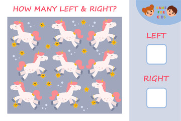 Educational game for children. Left and right. Kids activity with cartoon circus cute unicorn. Template Vector Illustration
