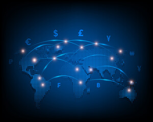 Global currency icon exchange network on blue background eps10 vector illustration