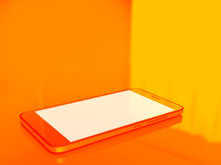 Mock-up of smartphone lying on a reflective surface - orange duotone - mobile phone - technology and communication - 3D rendering