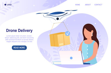 Young attractive woman sitting at a laptop and making an online order. Express Drone Delivery Concept. Futuristic quadcopter delivers the box to the woman Perfect for landing or web design Flat Vector