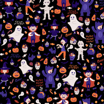Halloween kids costume party seamless pattern. Children in various costumes. Vector illustration of Halloween characters, lettering, candies and elements in cartoon hand drawn style. Black background.