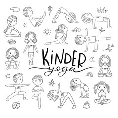 Kids yoga. Watercolor set of yoga poses boys and girls. 