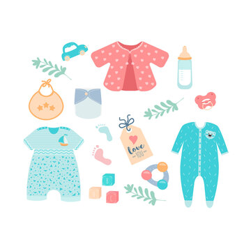 Big set baby stuff. Baby goods for newborns. Clothing, toys, accessories. Vector illustration can use for landing page, web, mobile app, banner, poster, flyer, scrubbing