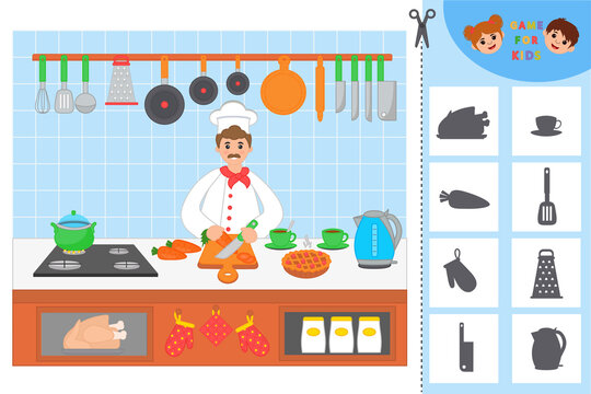 Matching children educational game. Find objects in the picture by their shadow. Kitchen. Activity for preschool years kids and toddlers. Task for the development of logical thinking