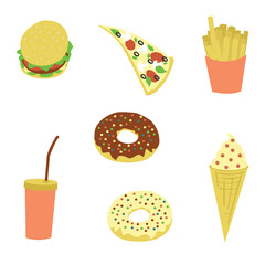 Set of icon fast food. High-calorie unhealthy food. Bright vector flat illustration isolated on white background.