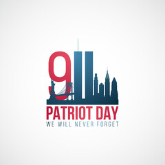 Twin Towers, 911. USA Patriot Day banner. World Trade Center. We will never forget. Stock vector illustration.