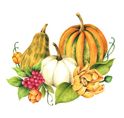 Watercolor floral design card with pumpkins and flowers. Autumn illustration.