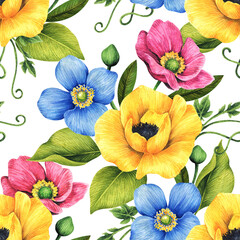 Floral background with decorative poppies and leaves.