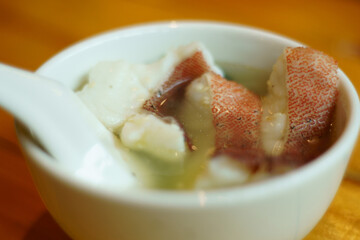 Red-banded grouper soup. Sea Bass freshly tasting seafood from Thailand.