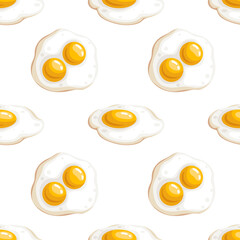 Egg seamless pattern. Cartoon with simple gradient design. Fried and whole eggs. Breakfast symbols. Vector drawing isolated on white background.