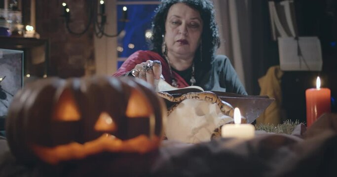 Old Psychic Reading Book Sitting At Table With Snake Crawling On Skull