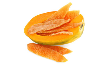 Fototapeta na wymiar Half of papaya with slices dried papaya isolated on white