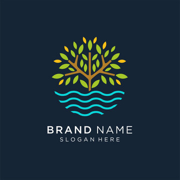 Tree Lake Logo Icon, River Tree Logo Circle Shape Design Vector Template