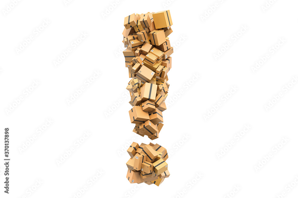 Poster exclamation mark from cardboard boxes. 3d rendering