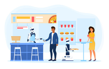 Young family with a child make an order at a fast food restaurant. A robot worker serves people in a restaurant. Futuristic concept of automated processes in catering establishments. Flat Illustration