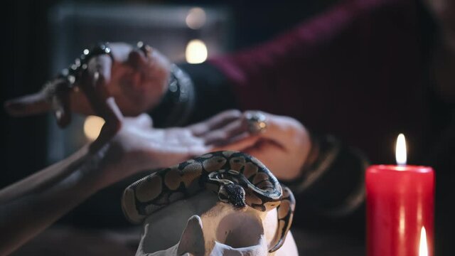 Close up of fortune teller reading palm lines of woman